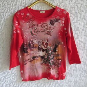 Embellished Christmas Shirt Top L Studio Gem Red Santa Sparkle 3/4 Sleeve